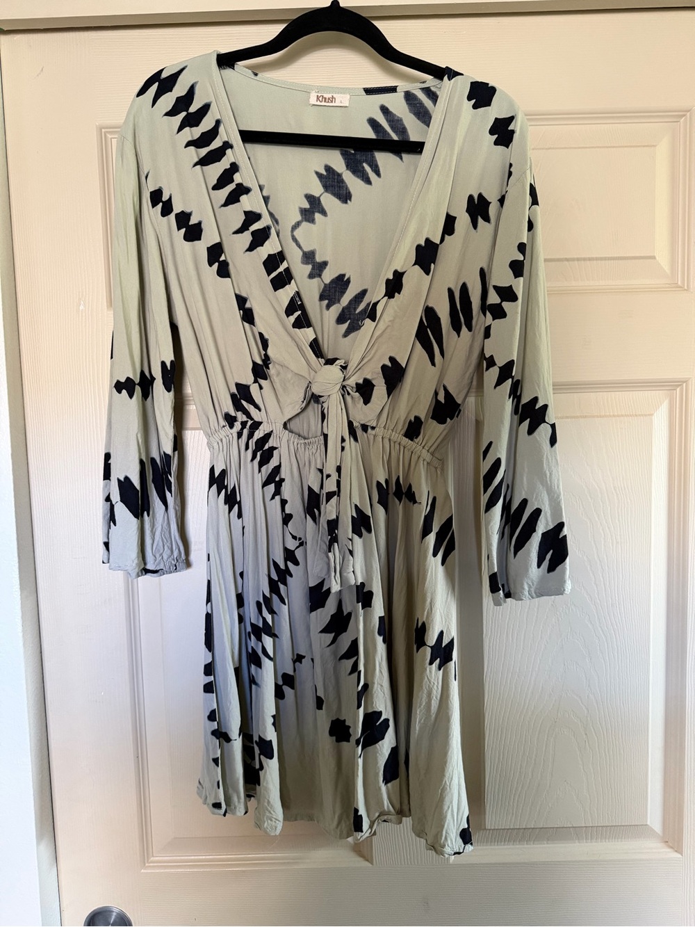 Knot-Front Sage Green Mini Dress with Black Abstract Print